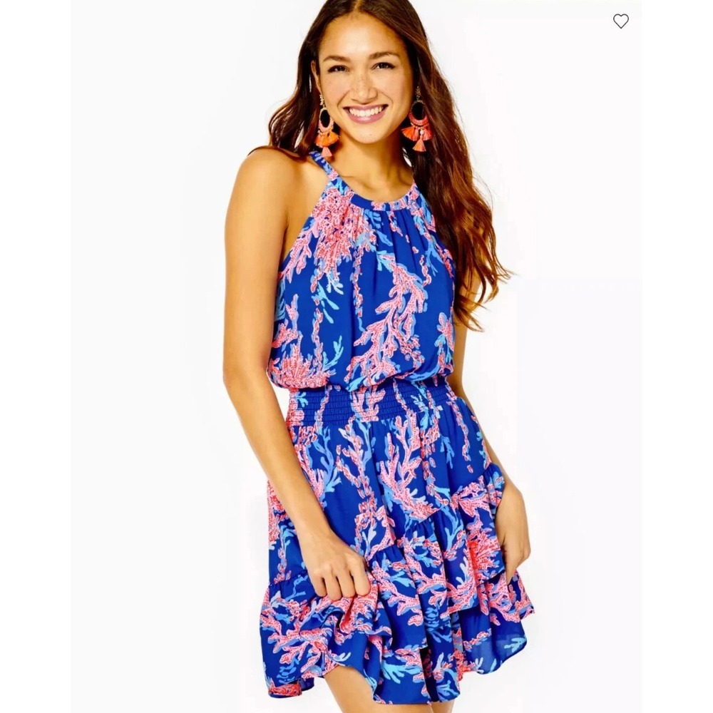 Lilly Pulitzer Pamelyn Lileese Dress Size 2 Blue Pink Coral Whimsy Flowy Beachy